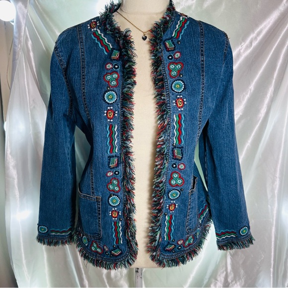 VTG RubyRd Jean Denim Jacket Sz Medium Blue Colorful Fringe Embroidered Pockets - Picture 5 of 9